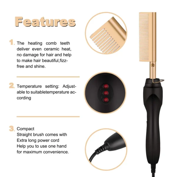 2 in1 Hot Comb Hair Straightener Electric Heating Comb Fast Heating Portable Travel Anti-Scald Beard Straightener Press Comb 3