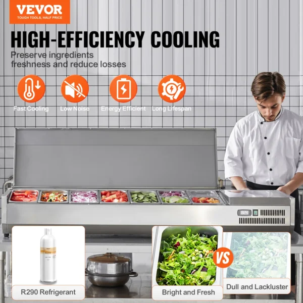 VEVOR Refrigerated Condiment Prep Station, 160W Countertop Condiment Station, with 5 1/3 Pans & 4 1/6 Pans, 304 Stainless Body 2