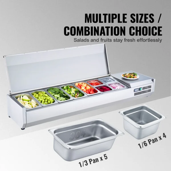 VEVOR Refrigerated Condiment Prep Station, 160W Countertop Condiment Station, with 5 1/3 Pans & 4 1/6 Pans, 304 Stainless Body 3