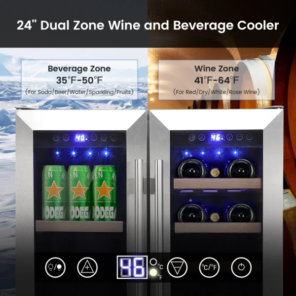 Wine and Beverage Refrigerator 24 Inch Dual Zone Wine Cooler with 40 Bottles Wine Capacity, 120L Built-in and Freestanding 3