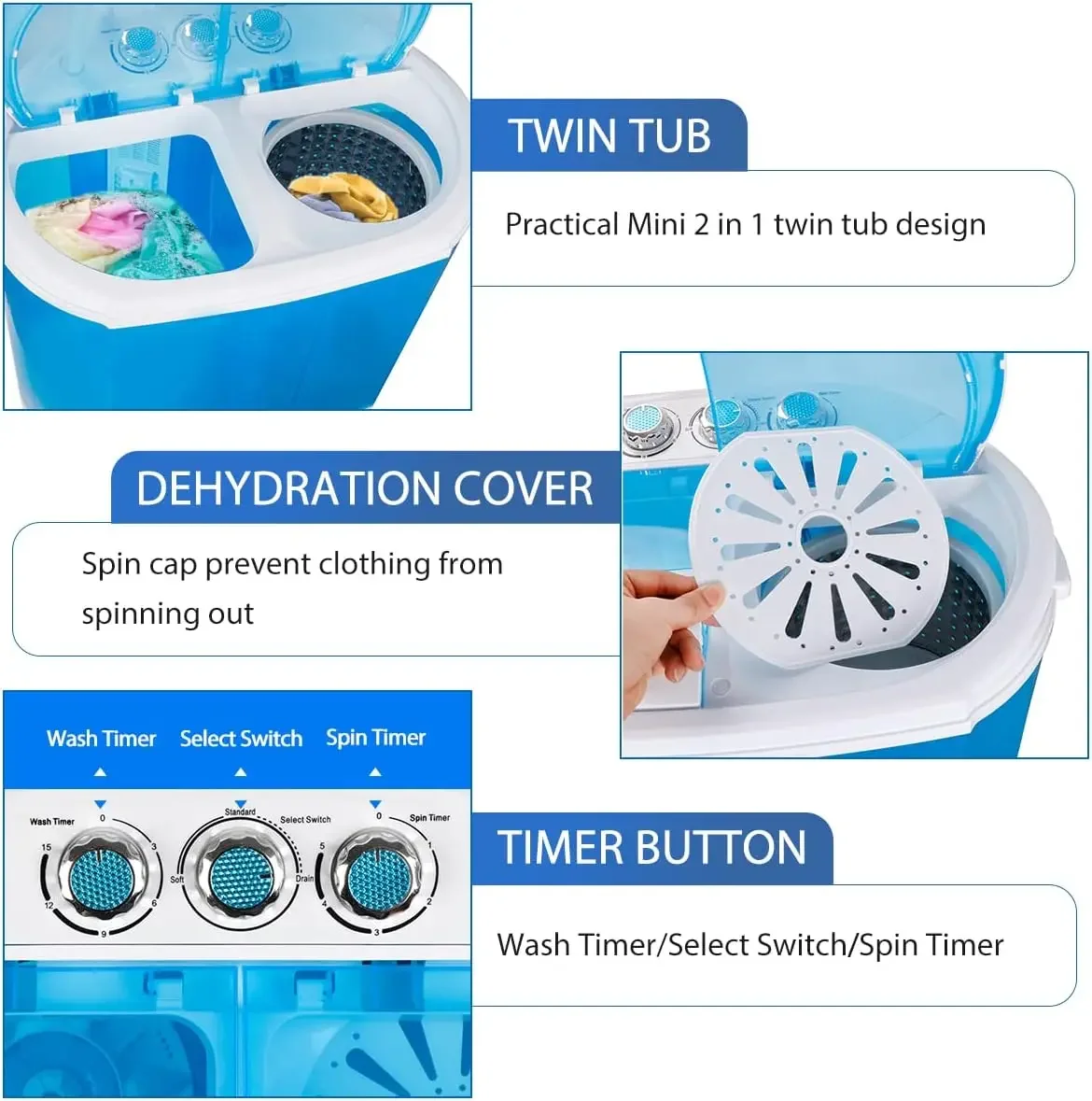 Portable Washer Compact Twin Tub 9.9 LB Mini Top Load Washing Machine Washer/Spinner w/ 6.57 FT Inlet Hose 4